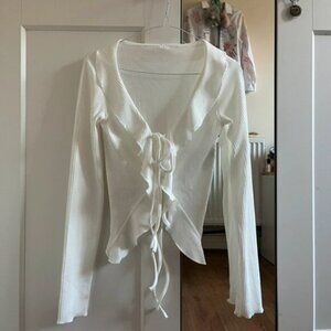 scandi white front tie long sleeve top